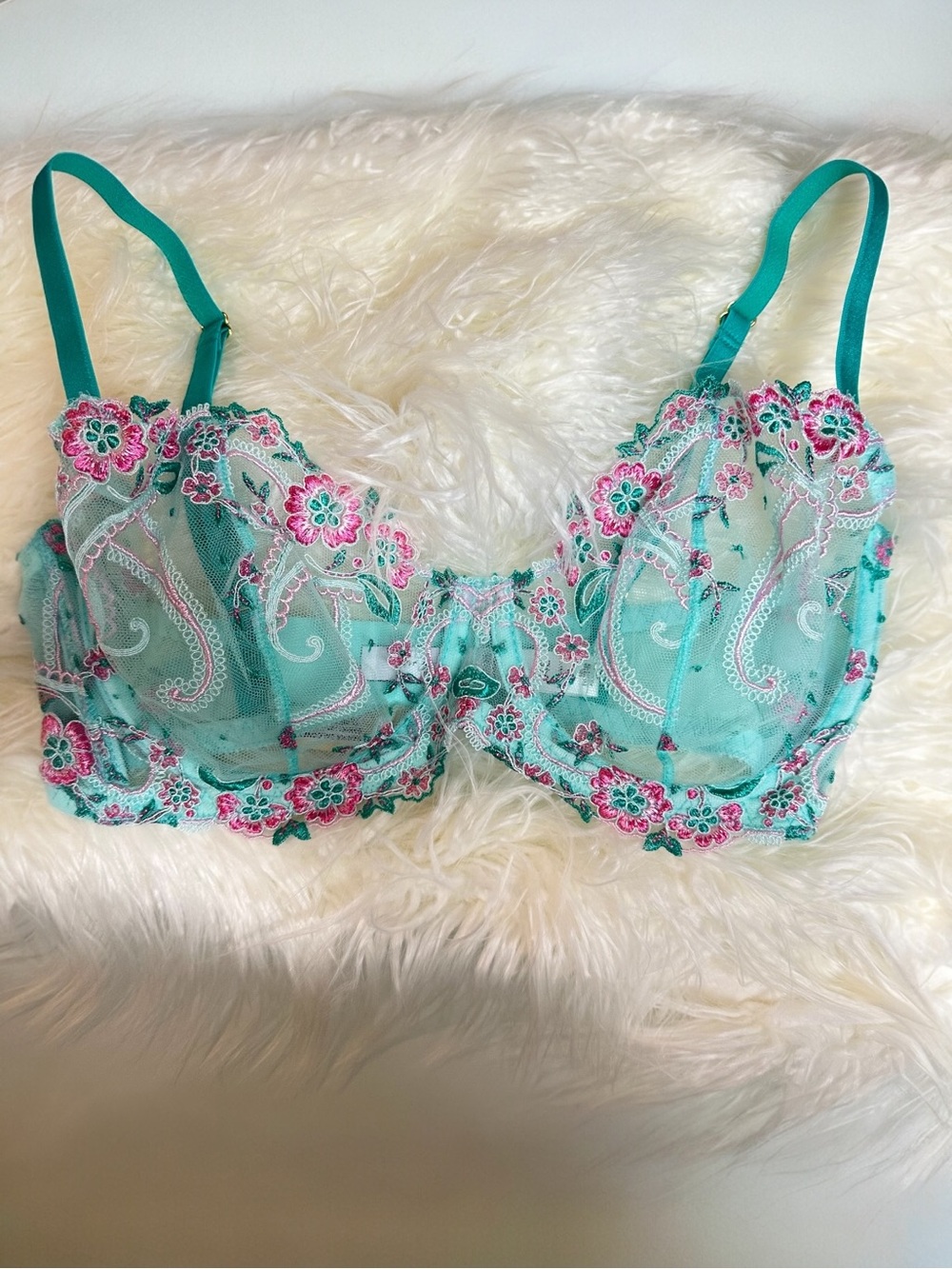 Cosabella Sanika Balconette Bra 34E Addy Green Sheer Embroidered Lace NWT